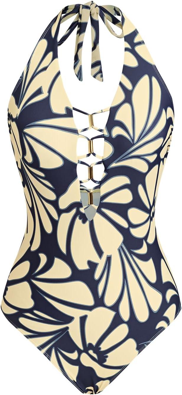 imageCUPSHE Womens One Piece Swimsuit Plunging Neck Halter Adjustable Straps Cutouts Bathing Suit SwimwearYellowNavy Blue