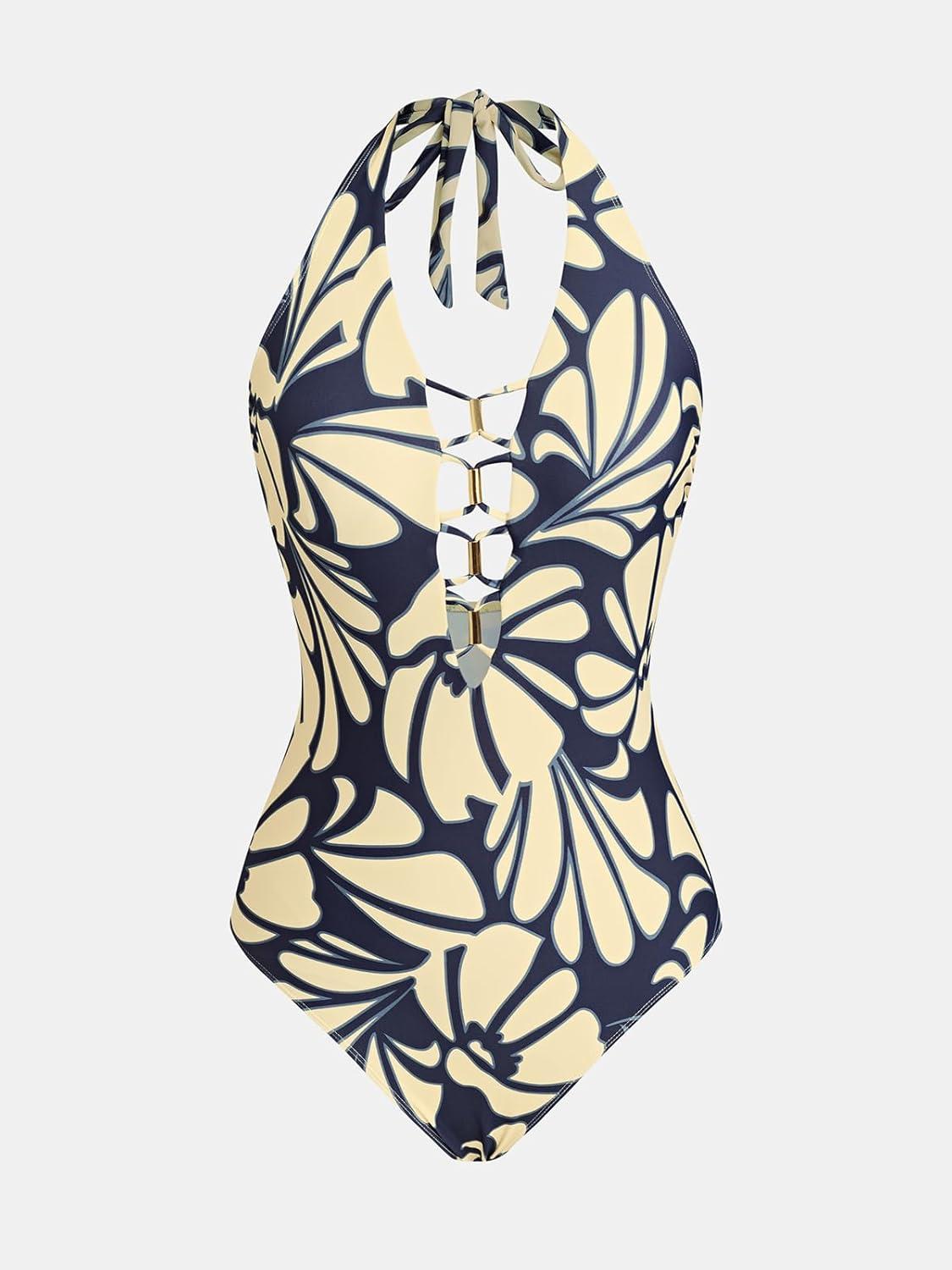 imageCUPSHE Womens One Piece Swimsuit Plunging Neck Halter Adjustable Straps Cutouts Bathing Suit SwimwearYellowNavy Blue