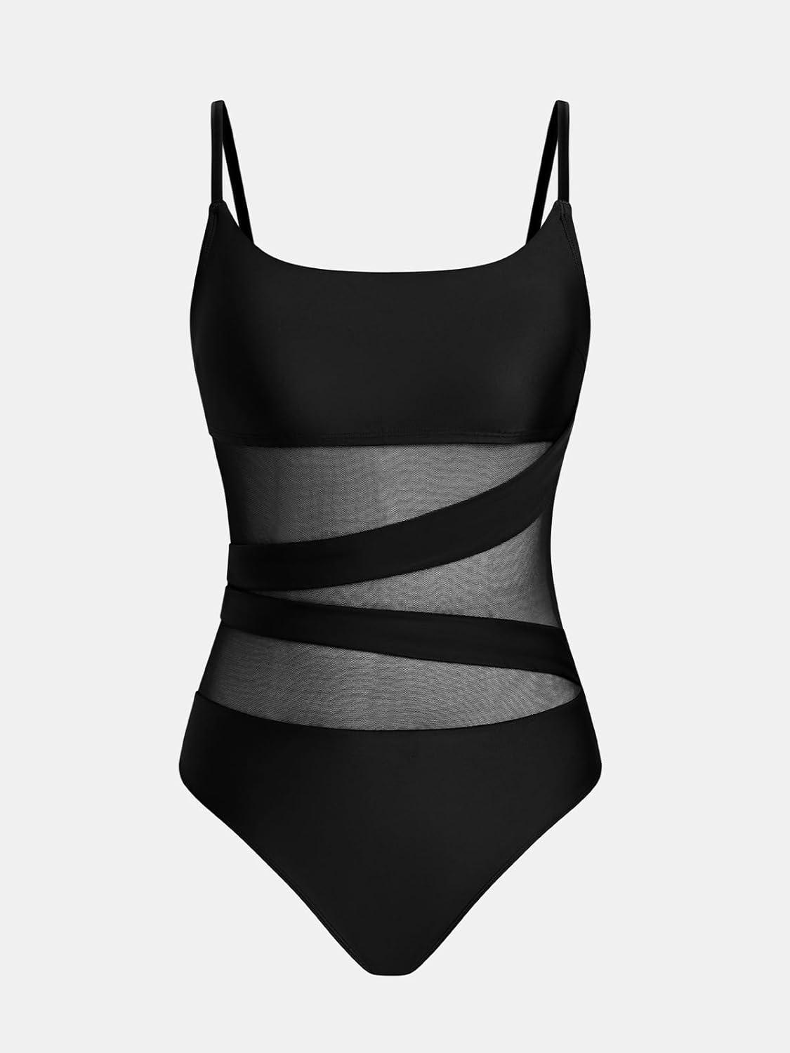 imageCUPSHE Womens One Piece Swimsuit Scoop Neck Adjustable Straps Bathing Suit Mesh Panel HookBlack