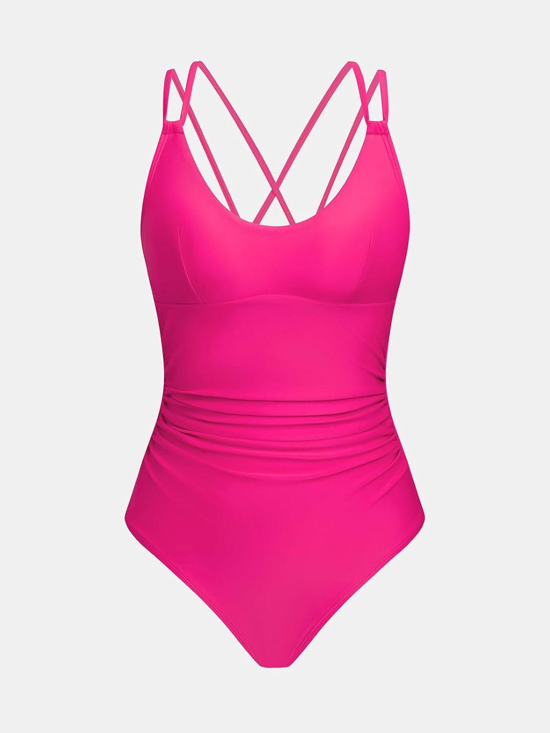 imageCUPSHE Womens One Piece Swimsuit Scoop Neck Adjustable Straps Crisscross Bathing Suit Ruching SwimwearFuchsia