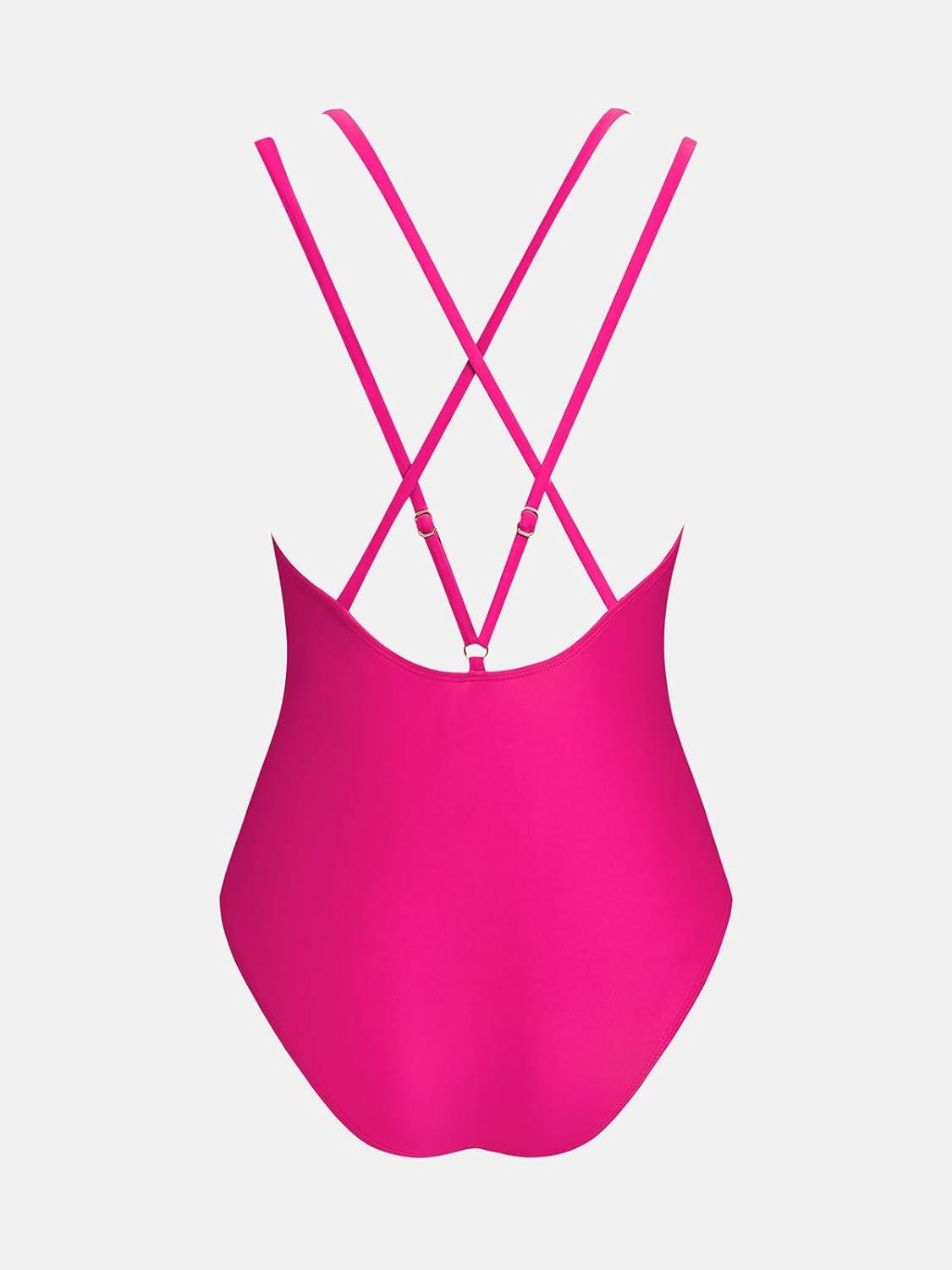 imageCUPSHE Womens One Piece Swimsuit Scoop Neck Adjustable Straps Crisscross Bathing Suit Ruching SwimwearFuchsia