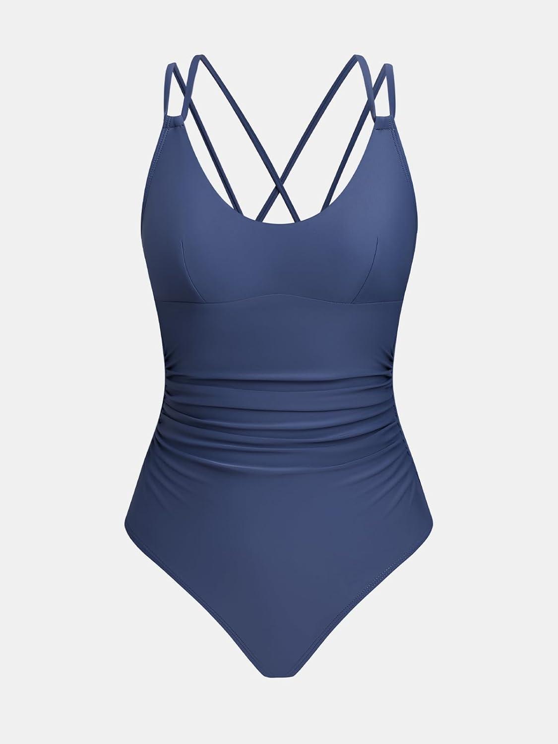 imageCUPSHE Womens One Piece Swimsuit Scoop Neck Adjustable Straps Crisscross Bathing Suit Ruching SwimwearNavy Blue