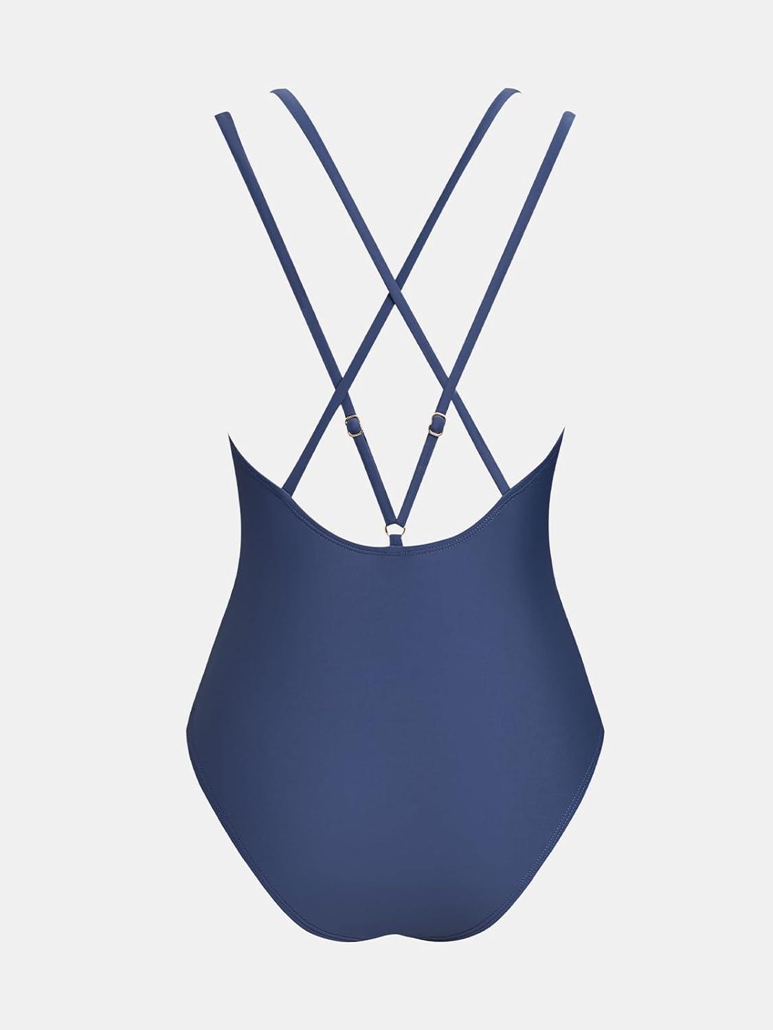 imageCUPSHE Womens One Piece Swimsuit Scoop Neck Adjustable Straps Crisscross Bathing Suit Ruching SwimwearNavy Blue