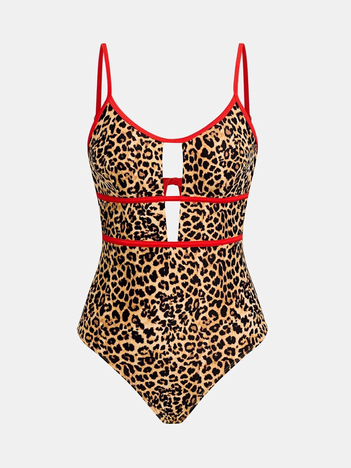 imageCUPSHE Womens One Piece Swimsuit Scoop Neck Adjustable Straps Cutout Back Self Tie Bathing SuitBrown LeopardRed