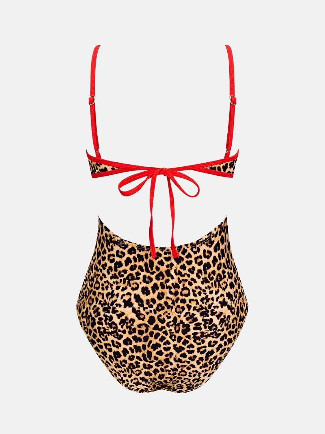 imageCUPSHE Womens One Piece Swimsuit Scoop Neck Adjustable Straps Cutout Back Self Tie Bathing SuitBrown LeopardRed