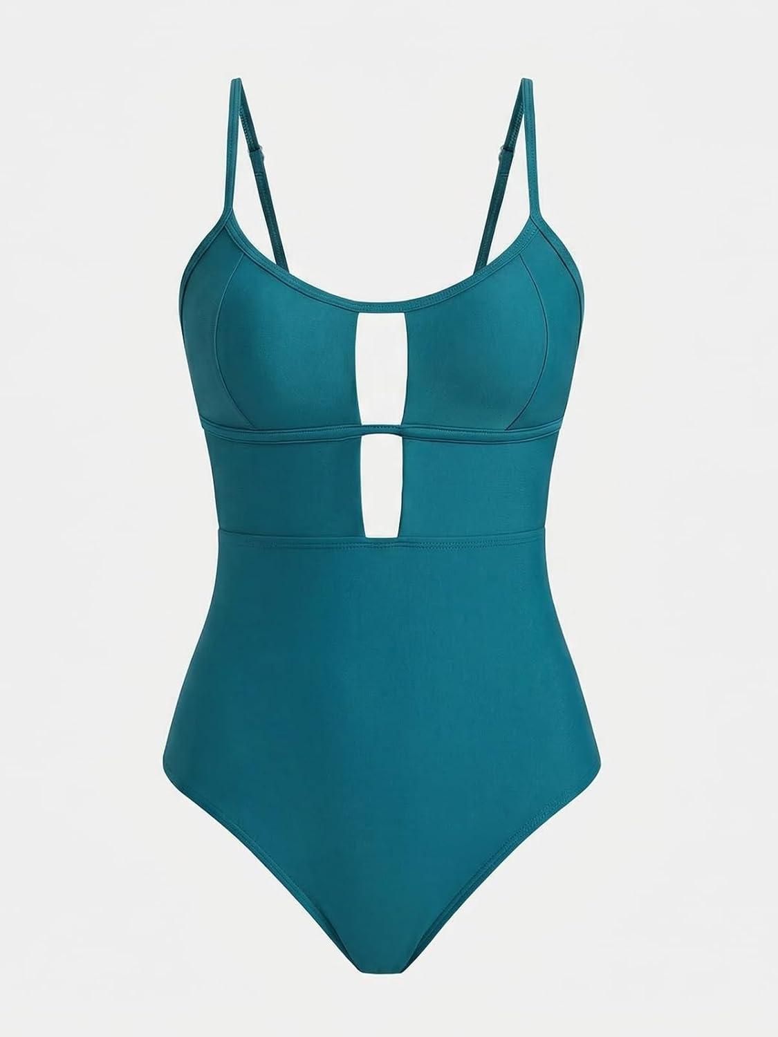 imageCUPSHE Womens One Piece Swimsuit Scoop Neck Adjustable Straps Cutout Back Self Tie Bathing SuitTeal