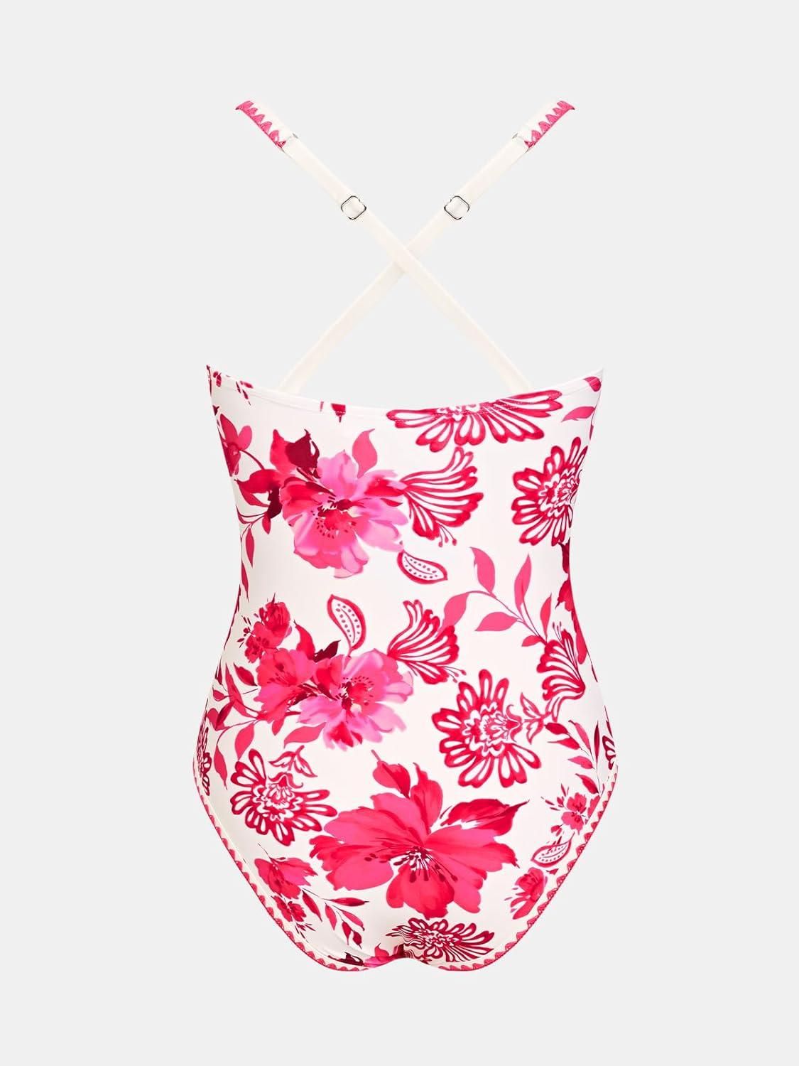 imageCUPSHE Womens One Piece Swimsuit Scoop Neck Bathing Suit Adjustable Crossback Straps Shell Stitched SwimwearHot PinkFloral