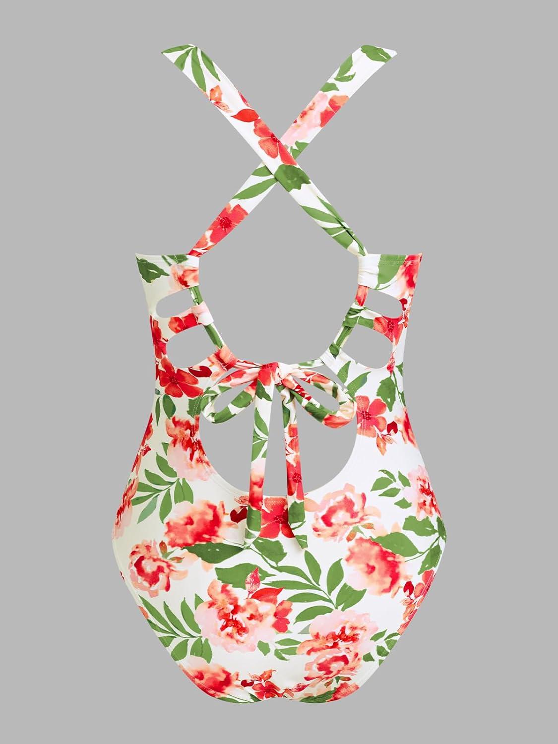imageCUPSHE Womens One Piece Swimsuit Scoop Neck Cutout Crossback Self Tie O Ring Bathing Suit Wide StrapsBeigeRed Floral