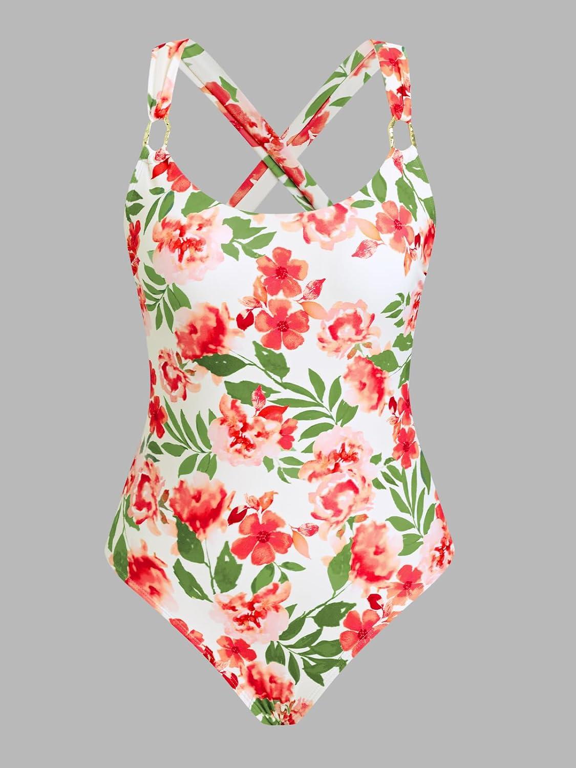 imageCUPSHE Womens One Piece Swimsuit Scoop Neck Cutout Crossback Self Tie O Ring Bathing Suit Wide StrapsBeigeRed Floral
