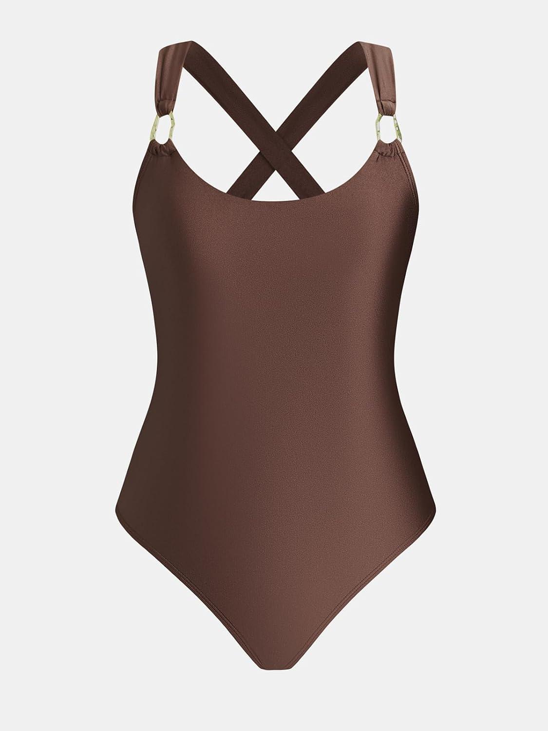 imageCUPSHE Womens One Piece Swimsuit Scoop Neck Cutout Crossback Self Tie O Ring Bathing Suit Wide StrapsChocolate Brown