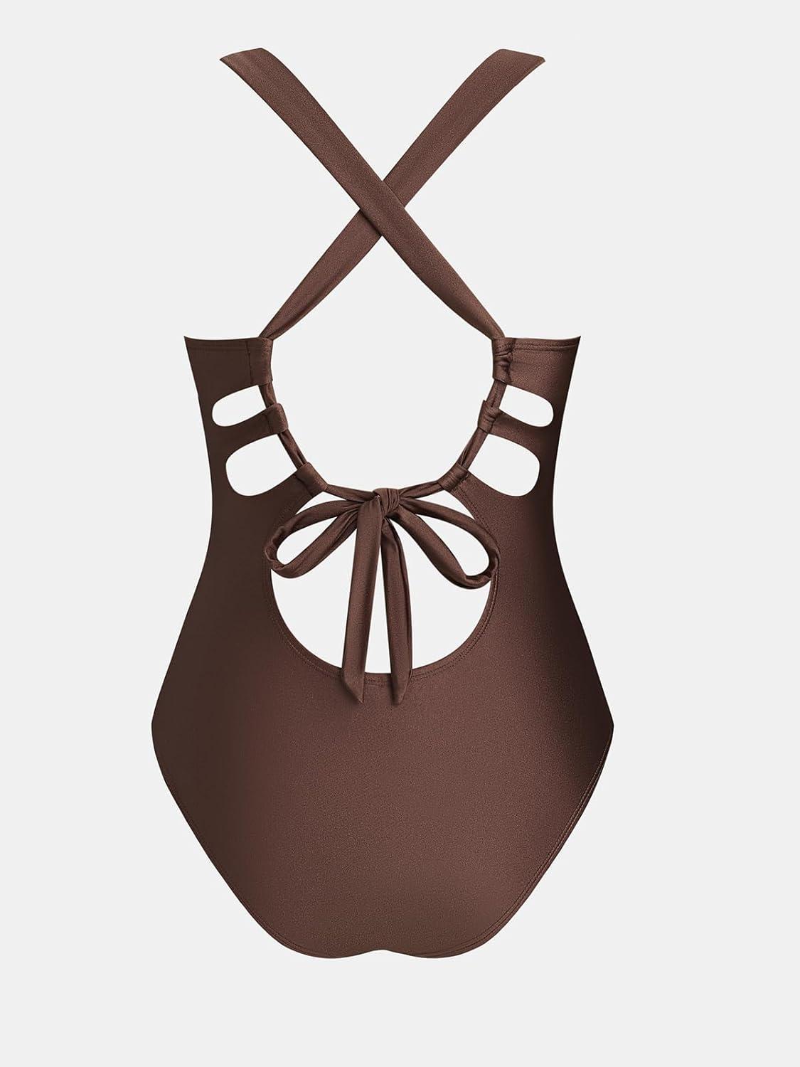 imageCUPSHE Womens One Piece Swimsuit Scoop Neck Cutout Crossback Self Tie O Ring Bathing Suit Wide StrapsChocolate Brown
