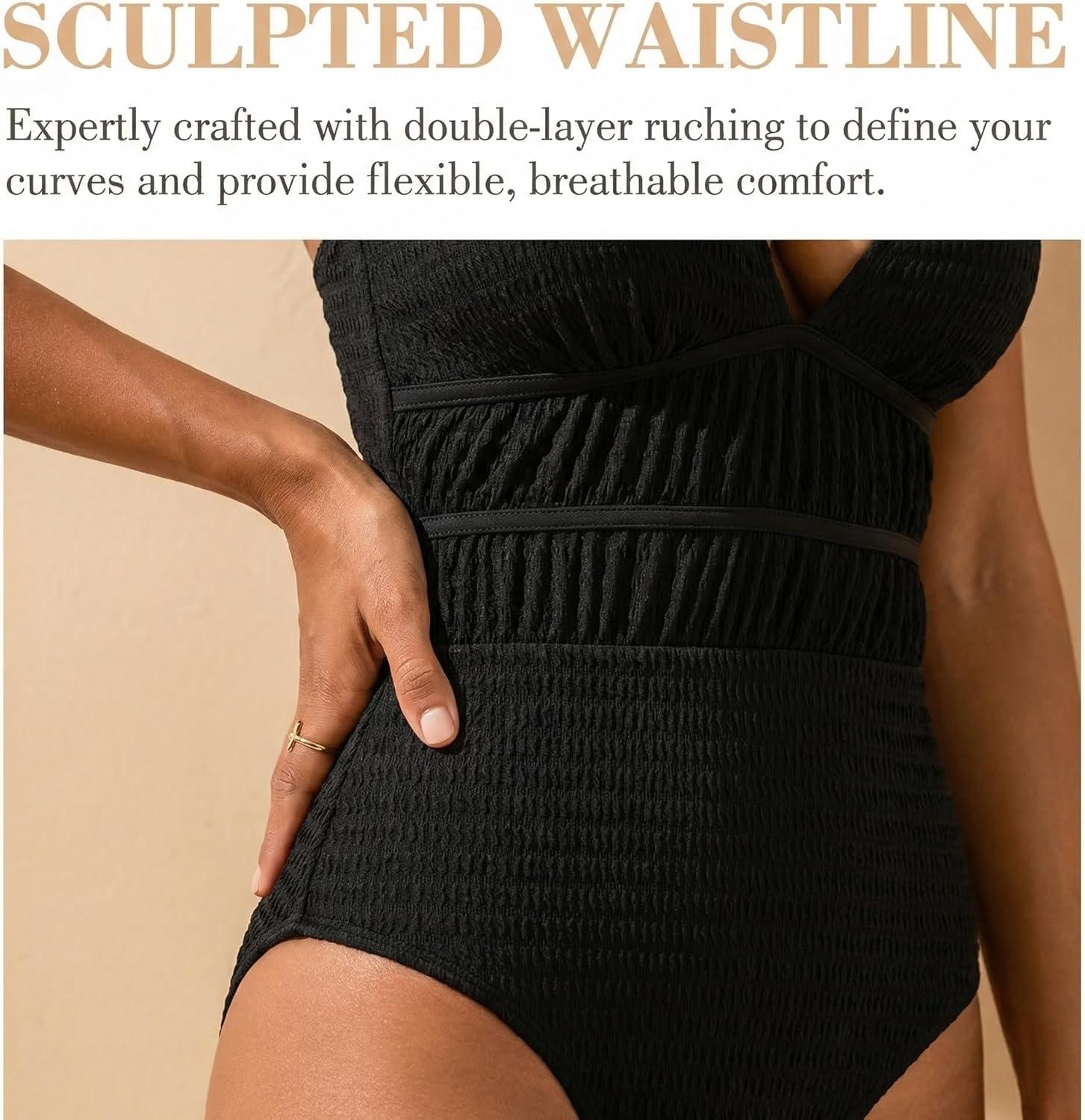 imageCUPSHE Womens One Piece Swimsuit Textured Bathing Suit for Women V Neck O Ring Ruching Cross Back Self Tie StrapsBlack