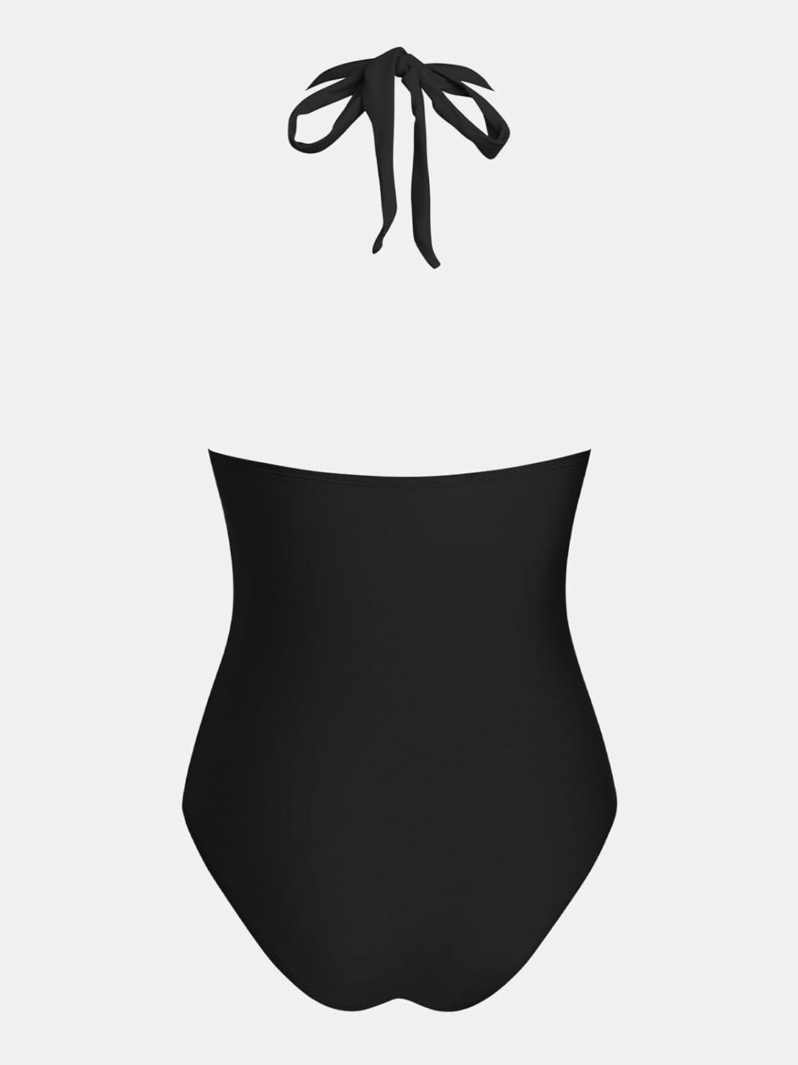 imageCUPSHE Womens One Piece Swimsuit V Neck Bathing Suit Halter Straps Adjustable Self Tie Swimwear Backless TexturedBlack