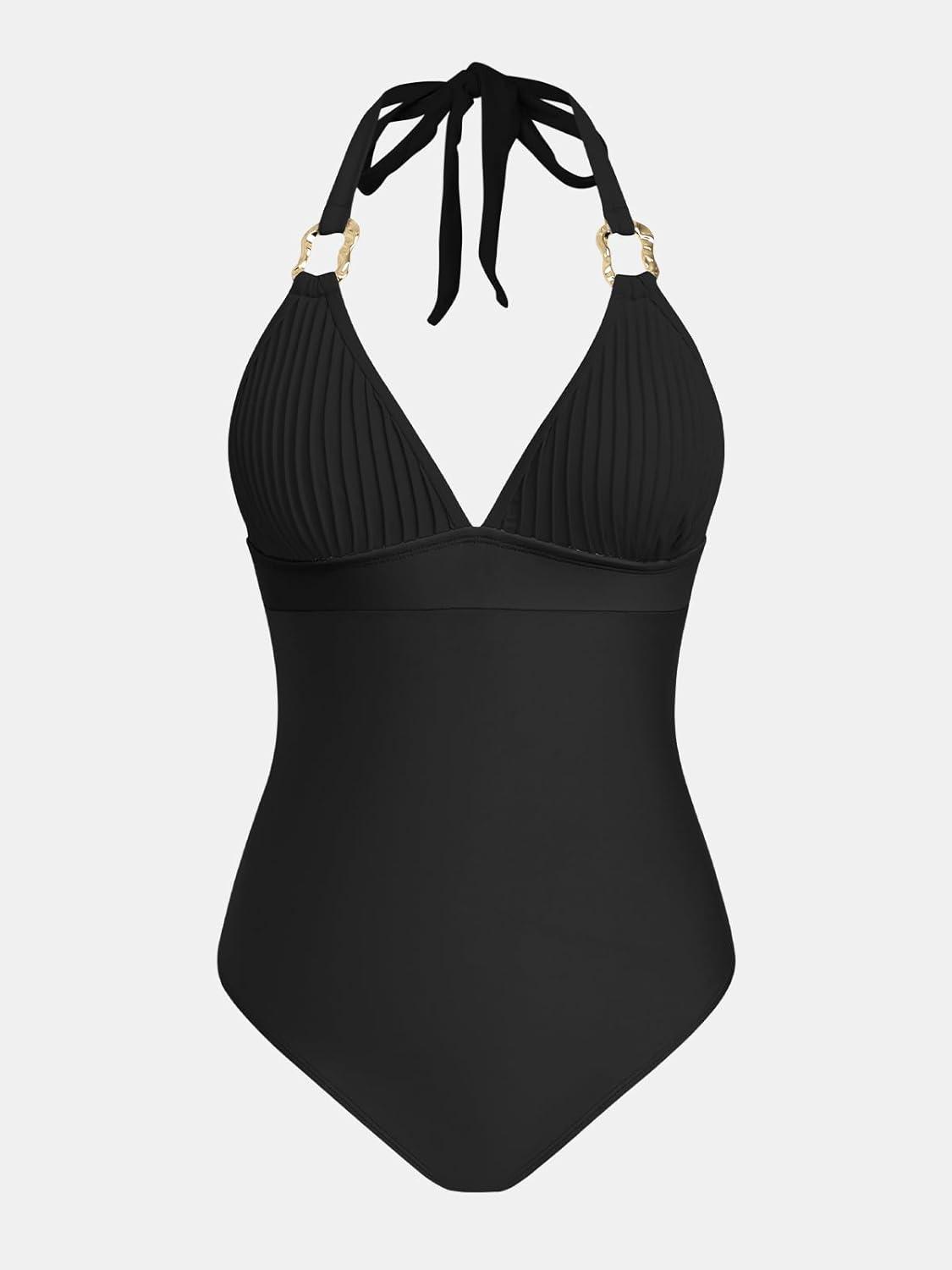 imageCUPSHE Womens One Piece Swimsuit V Neck Bathing Suit Halter Straps Adjustable Self Tie Swimwear Backless TexturedBlack