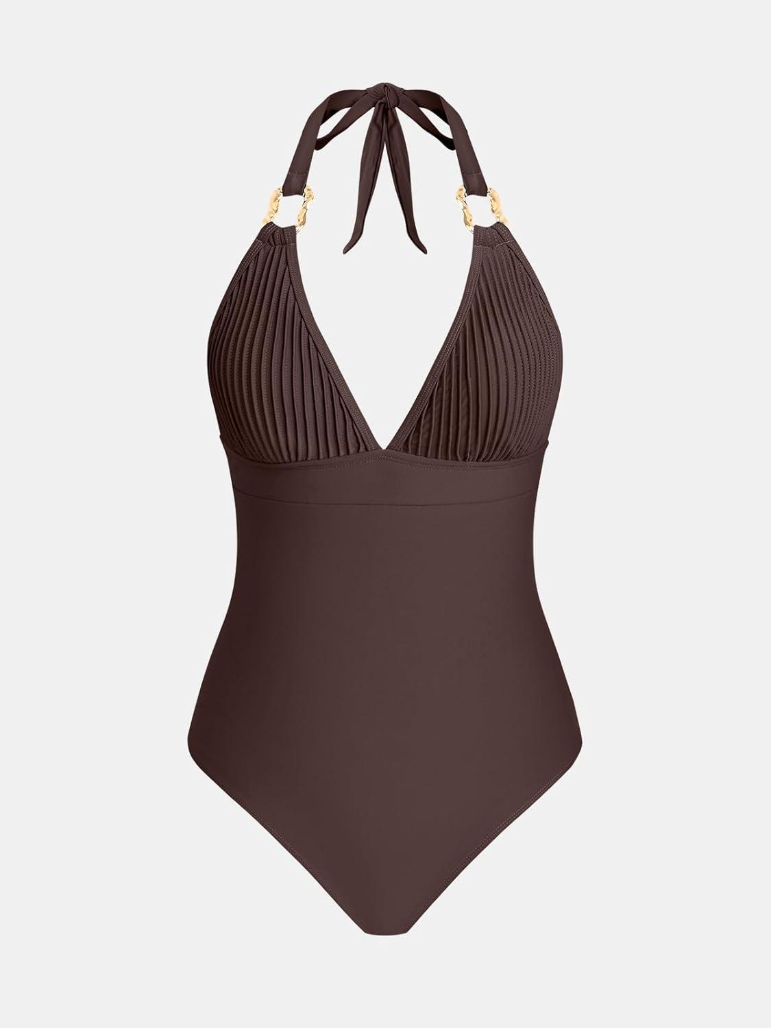 imageCUPSHE Womens One Piece Swimsuit V Neck Bathing Suit Halter Straps Adjustable Self Tie Swimwear Backless TexturedBrown