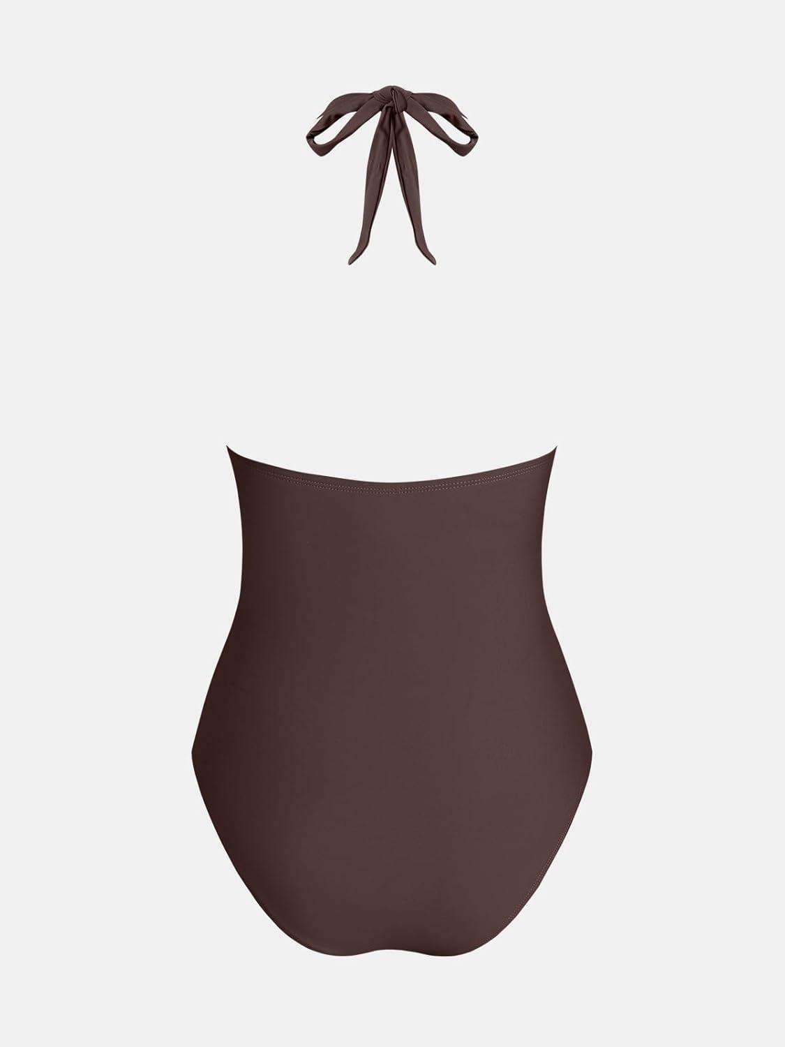 imageCUPSHE Womens One Piece Swimsuit V Neck Bathing Suit Halter Straps Adjustable Self Tie Swimwear Backless TexturedBrown