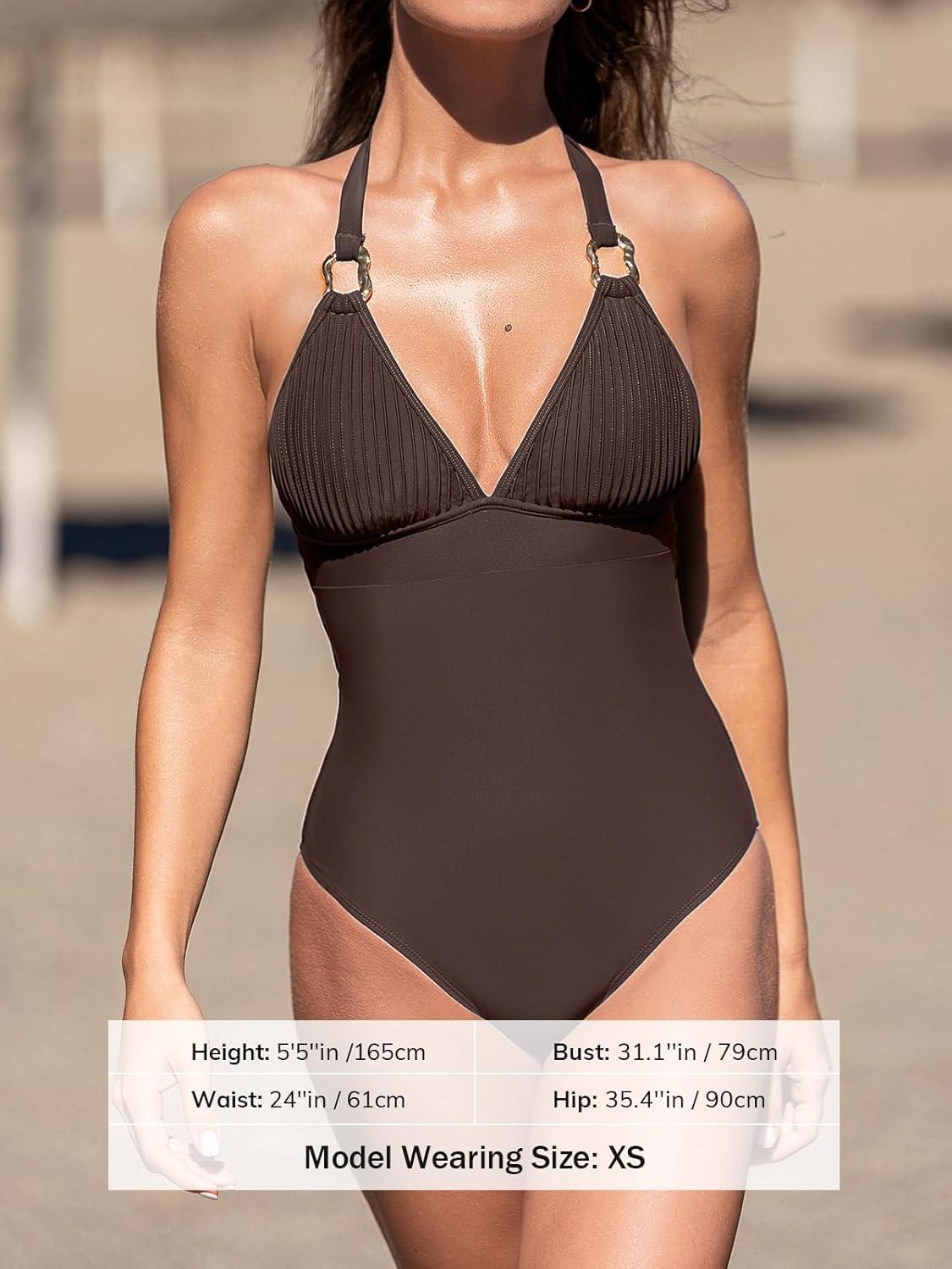 imageCUPSHE Womens One Piece Swimsuit V Neck Bathing Suit Halter Straps Adjustable Self Tie Swimwear Backless TexturedBrown