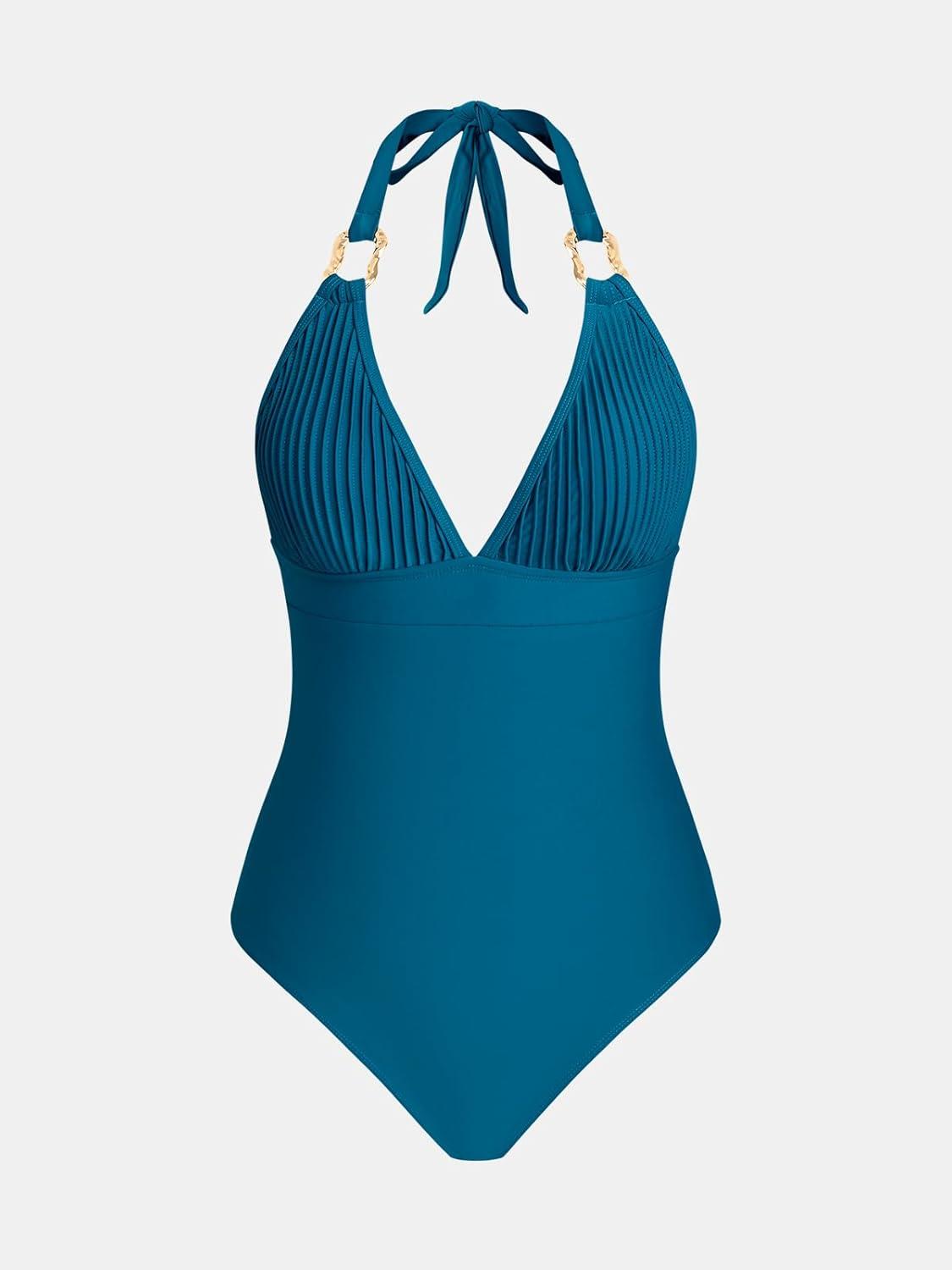 imageCUPSHE Womens One Piece Swimsuit V Neck Bathing Suit Halter Straps Adjustable Self Tie Swimwear Backless TexturedDeep Teal Green