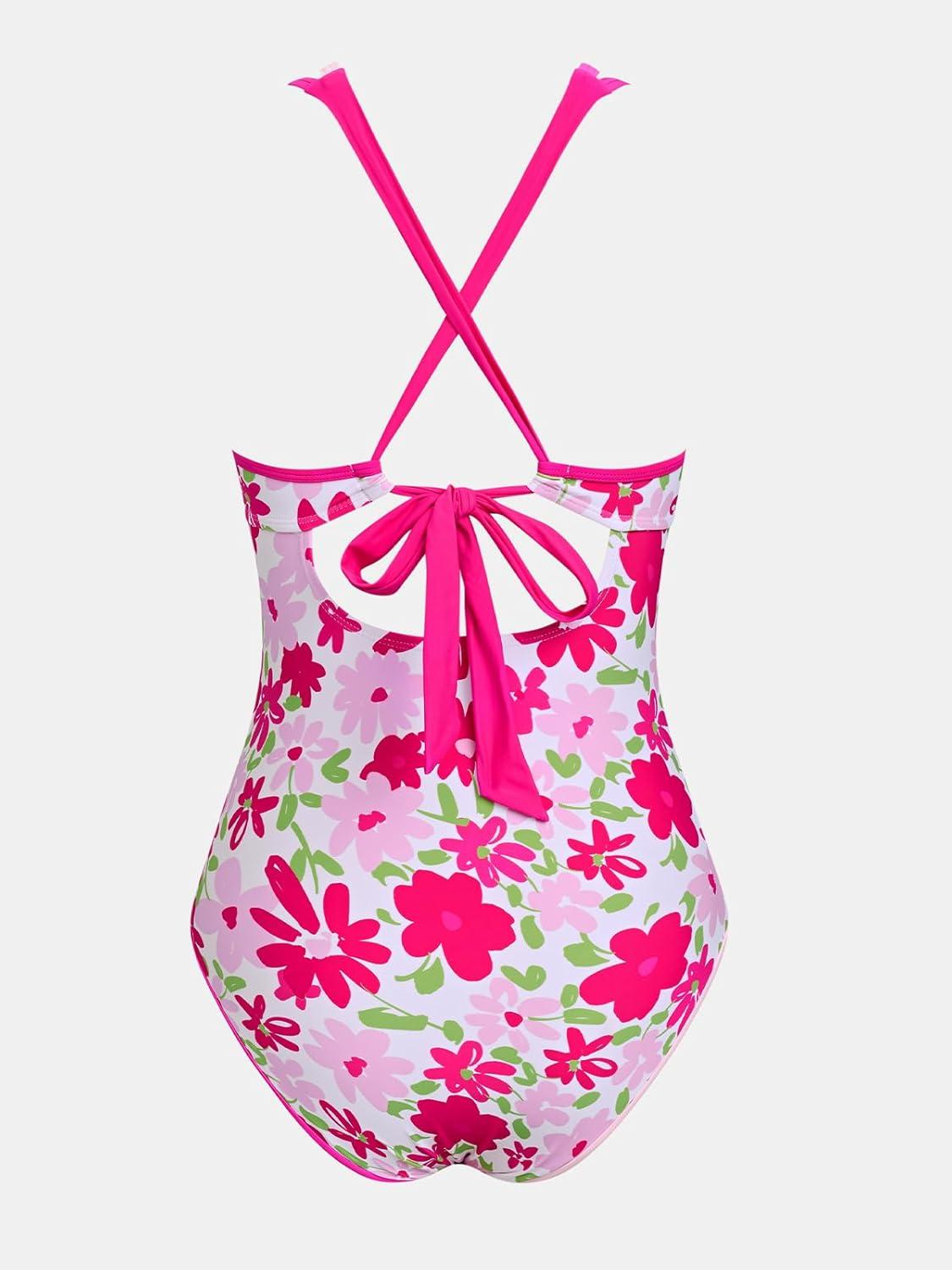 imageCUPSHE Womens One Piece Swimsuit V Neck Crisscross Back Cut Out Self Tie Color Block Ruched Bathing SuitPink Purple Floral