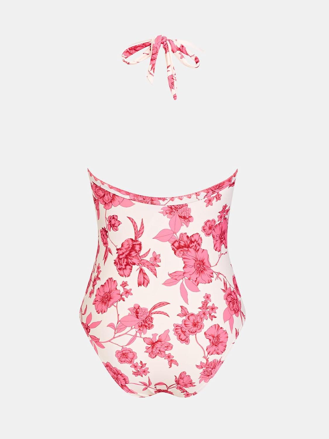 imageCUPSHE Womens One Piece Swimsuit V Neck Halter Straps Ruched Tummy Back Tie Adjustable Straps Shell StitchBeigePink Floral