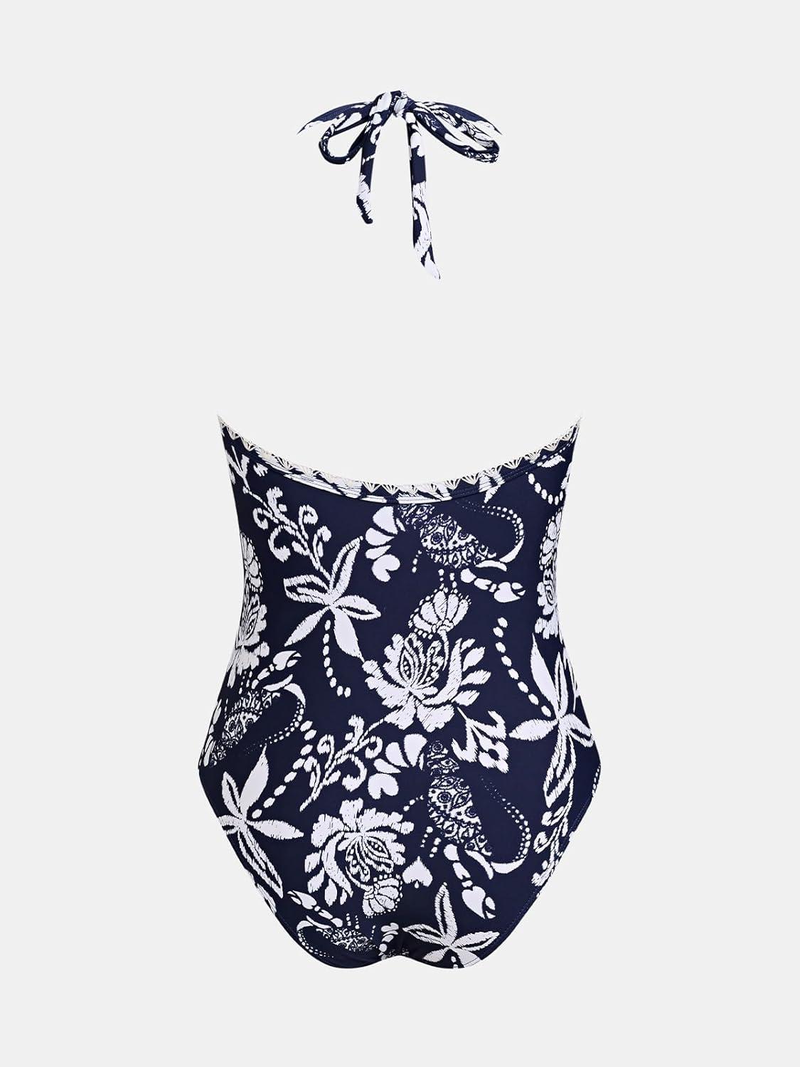 imageCUPSHE Womens One Piece Swimsuit V Neck Halter Straps Ruched Tummy Back Tie Adjustable Straps Shell StitchNavyWhite Tropical