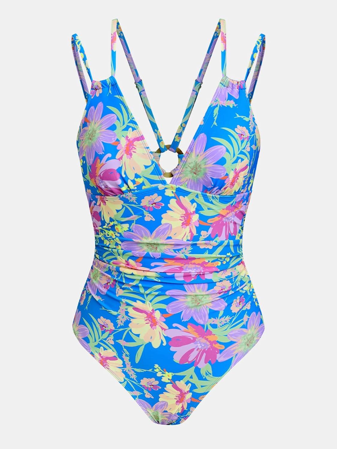 imageCUPSHE Womens One Piece Swimsuit V Neck Tummy Control Double Adjustable Straps Back Cutout ORingBluePinkYellow
