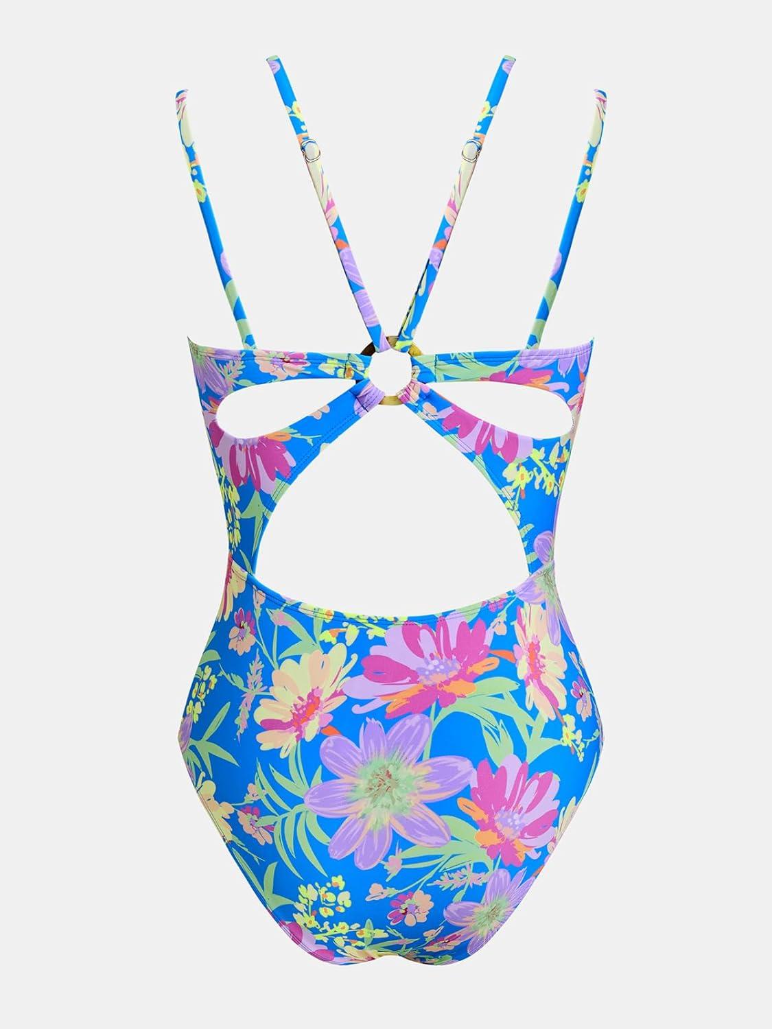 imageCUPSHE Womens One Piece Swimsuit V Neck Tummy Control Double Adjustable Straps Back Cutout ORingBluePinkYellow