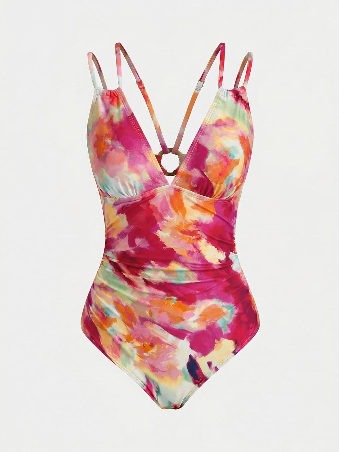 imageCUPSHE Womens One Piece Swimsuit V Neck Tummy Control Double Adjustable Straps Back Cutout ORingFuchsia Red