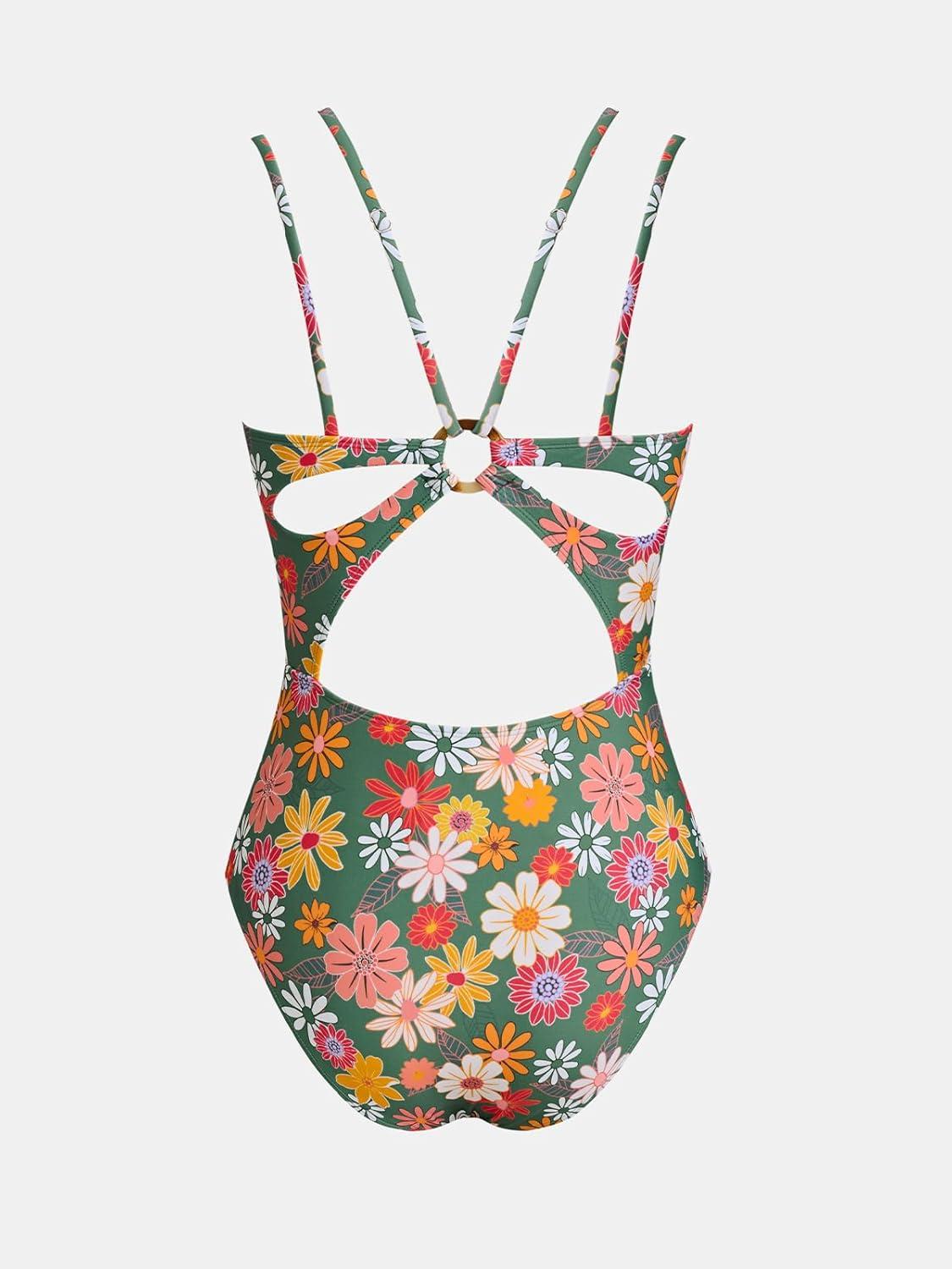 imageCUPSHE Womens One Piece Swimsuit V Neck Tummy Control Double Adjustable Straps Back Cutout ORingGreenRed Floral