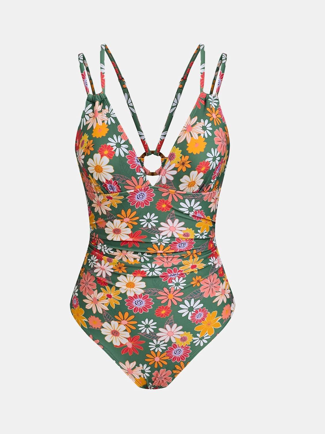 imageCUPSHE Womens One Piece Swimsuit V Neck Tummy Control Double Adjustable Straps Back Cutout ORingGreenRed Floral