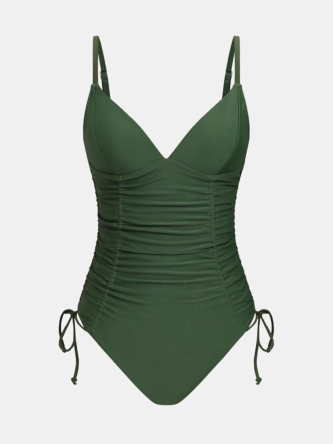 imageCUPSHE Womens One Piece Swimsuit V Neck Tummy Control Side Drawstring Ruching Adjustable Straps Bathing SuitHunter Green
