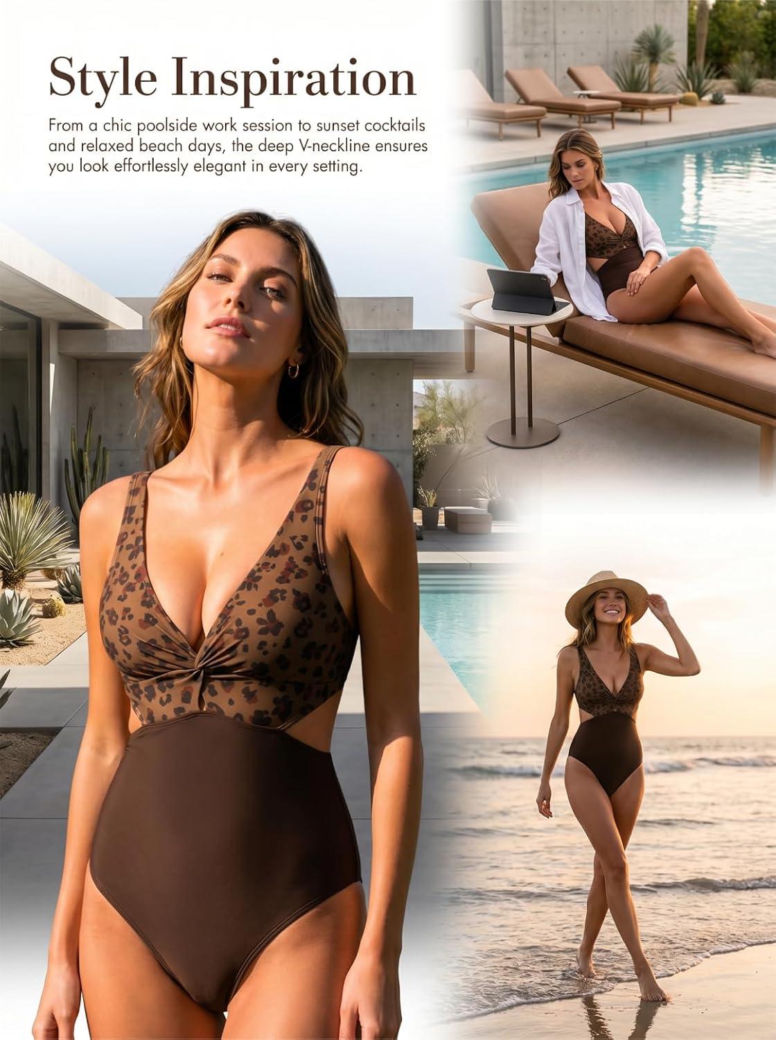 imageCUPSHE Womens One Piece Swimsuit V Neck Twist Adjustable Straps Cut Out Back Hook Bathing SuitBrownLeopard