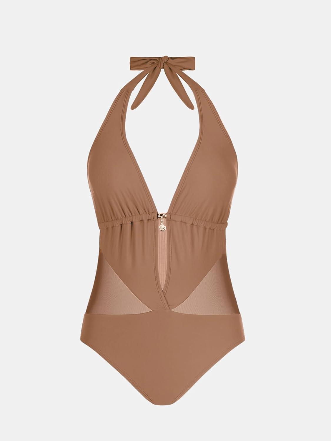 imageCUPSHE Womens Plunging Hater One Piece Ruched Mesh Panel Swimsuit Deep V Neck Open Back Bathing SuitBrown