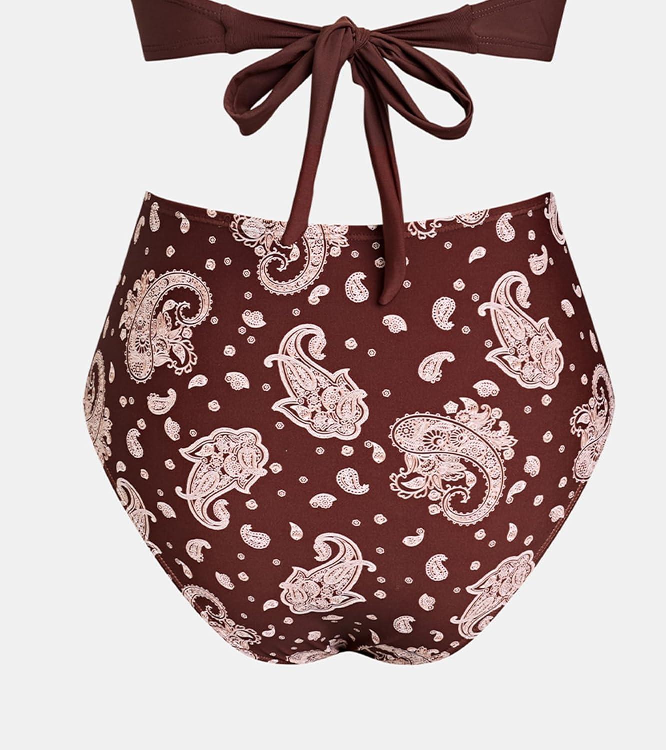 imageCUPSHE Womens Shirred High Waisted Bikini BottomBrown Paisley
