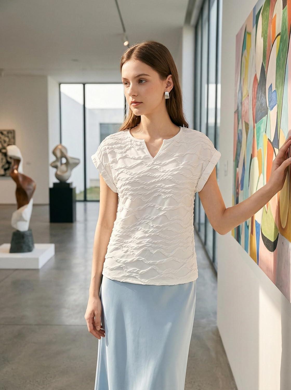 imageCUPSHE Womens Summer Short Sleeve V Neck Cute Tops Casual Cap Sleeve Textured White TShirtWhite
