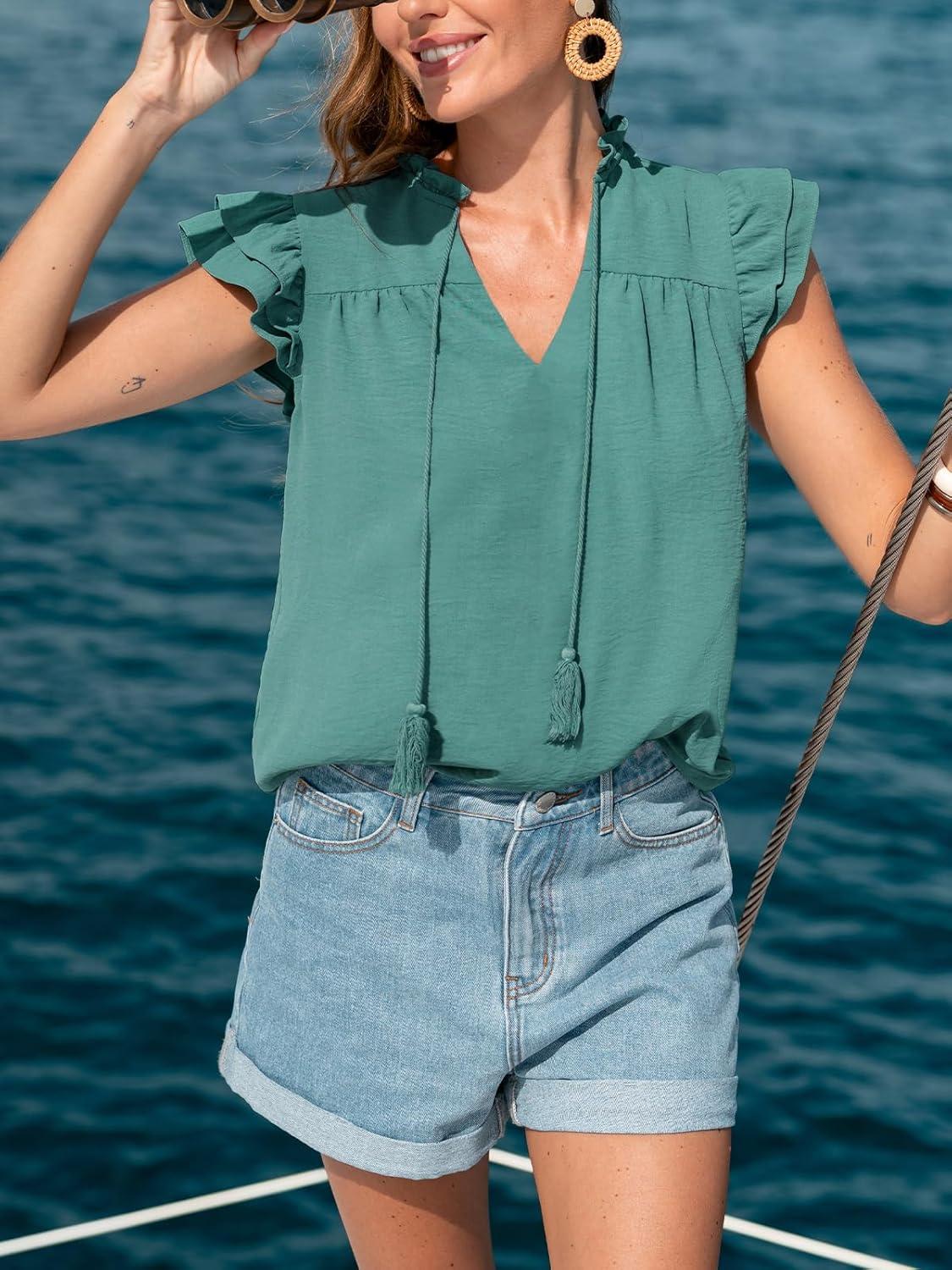 imageCUPSHE Womens Summer Tops 2026 Casual V Neck Ruffle Sleeve Blouse Shirts Solid Color Tunic Cute TopsGreen
