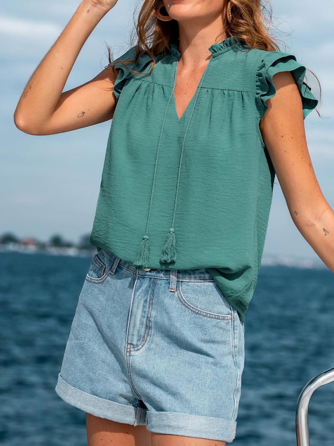 imageCUPSHE Womens Summer Tops 2026 Casual V Neck Ruffle Sleeve Blouse Shirts Solid Color Tunic Cute TopsGreen