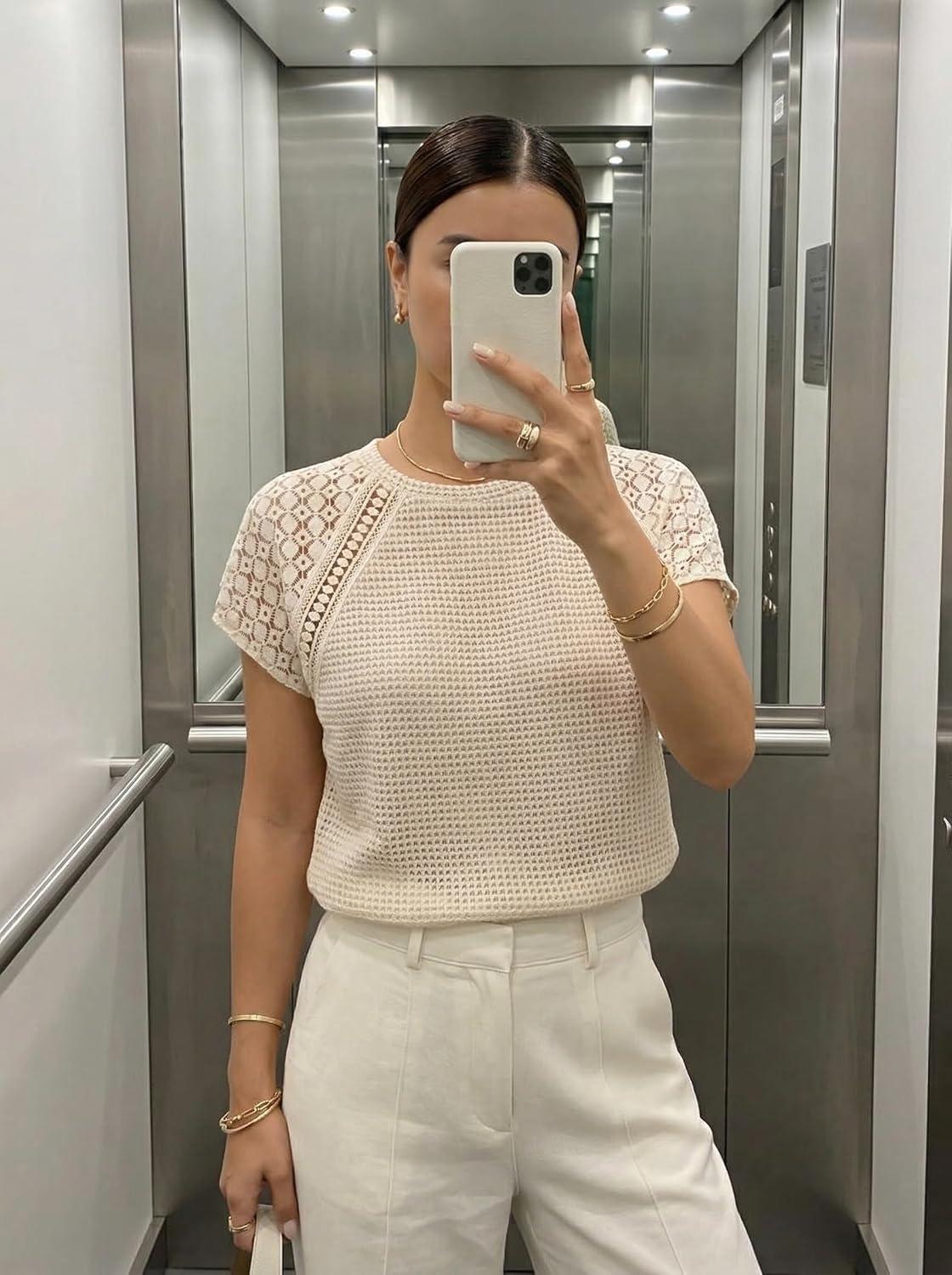 imageCUPSHE Womens Summer Tops 2026 Waffle Knit Short Sleeve TShirts Casual Crewneck Lace Hollow Out BlousesBeige