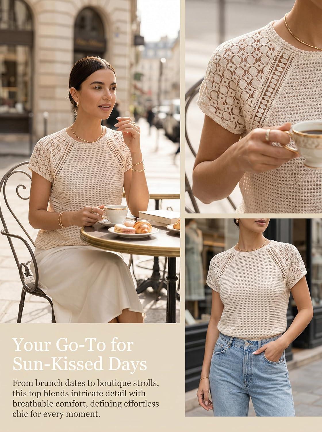 imageCUPSHE Womens Summer Tops 2026 Waffle Knit Short Sleeve TShirts Casual Crewneck Lace Hollow Out BlousesBeige