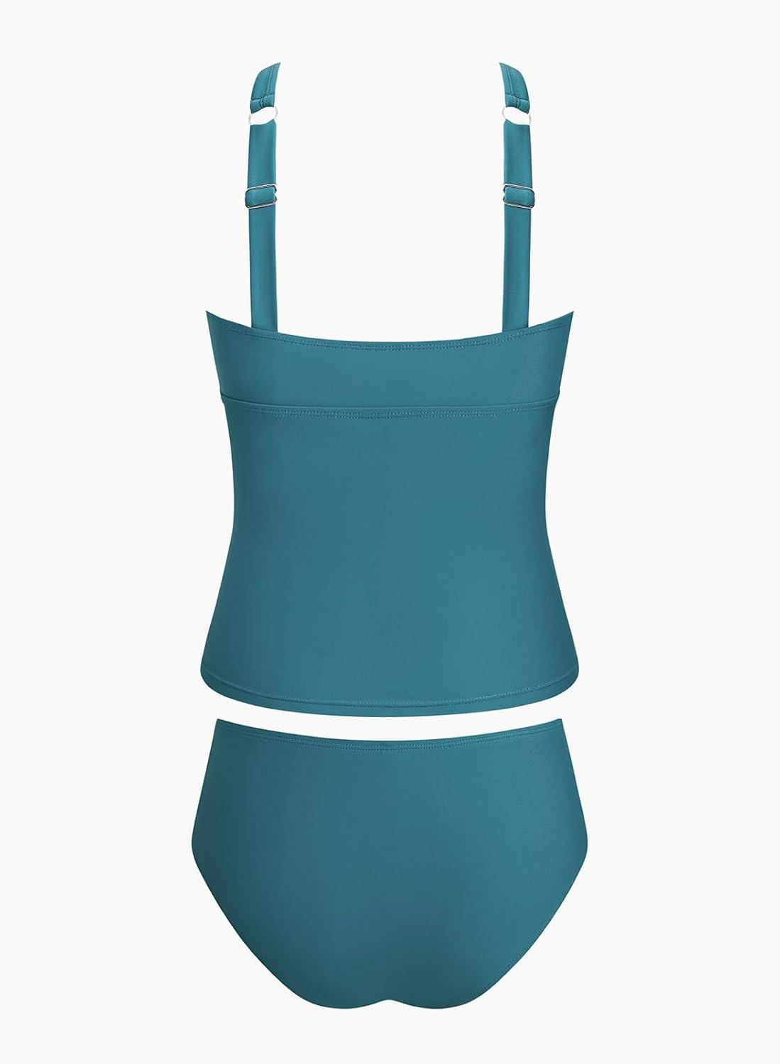 imageCUPSHE Womens Tankini Sets High Neck Mesh Cutouts Two Piece Bathing Suits Adjustable Straps Mid Rise SwimwearDark Teal