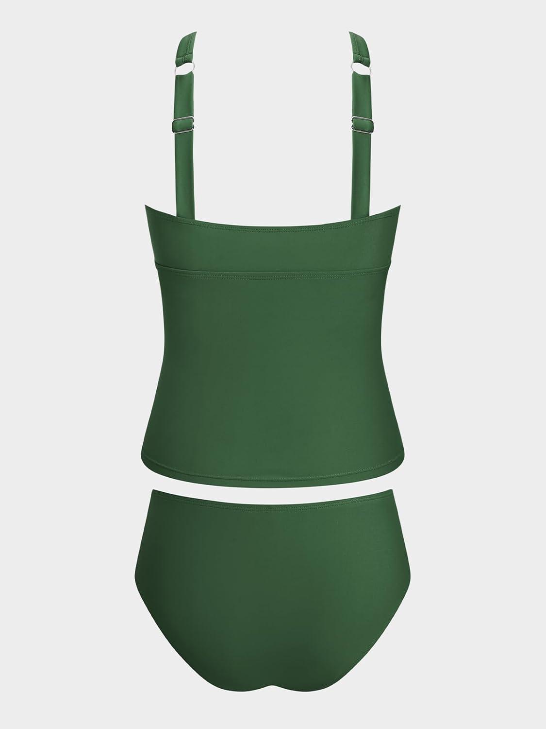 imageCUPSHE Womens Tankini Sets High Neck Mesh Cutouts Two Piece Bathing Suits Adjustable Straps Mid Rise SwimwearOlive Green