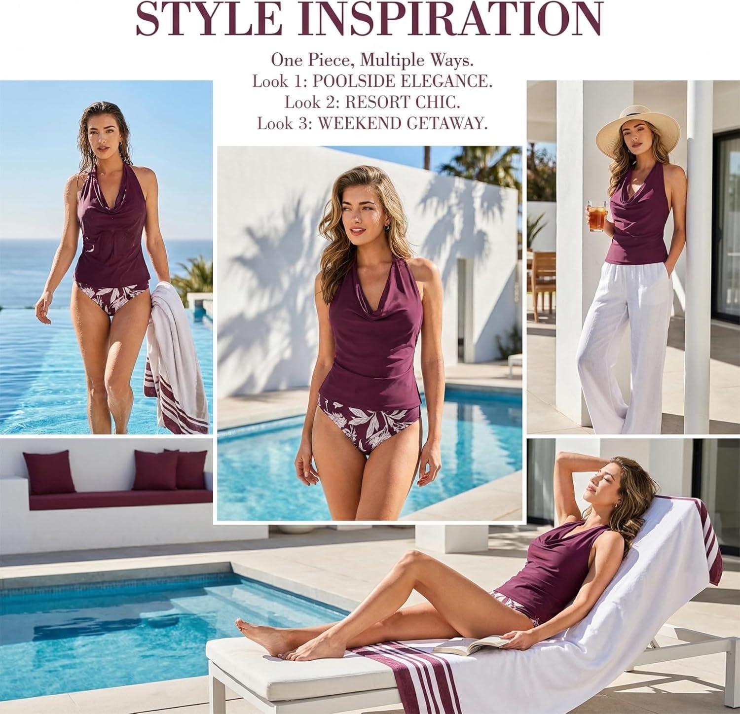 imageCUPSHE Womens Tankini Sets High Waisted Cowl Neck Two Piece Swimsuit Halter Ruching Bathing Suit for WomenBurgundyFloral