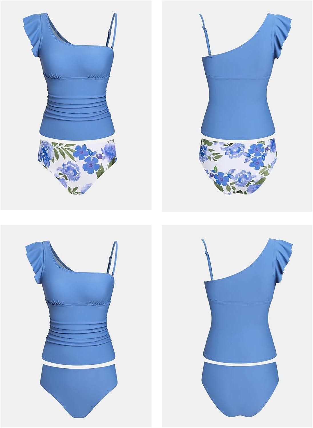 imageCUPSHE Womens Tankini Sets One Shoulder Ruffle Two Piece Swimsuit Reversible Bottoms Removable Straps SwimwearBlueFloral