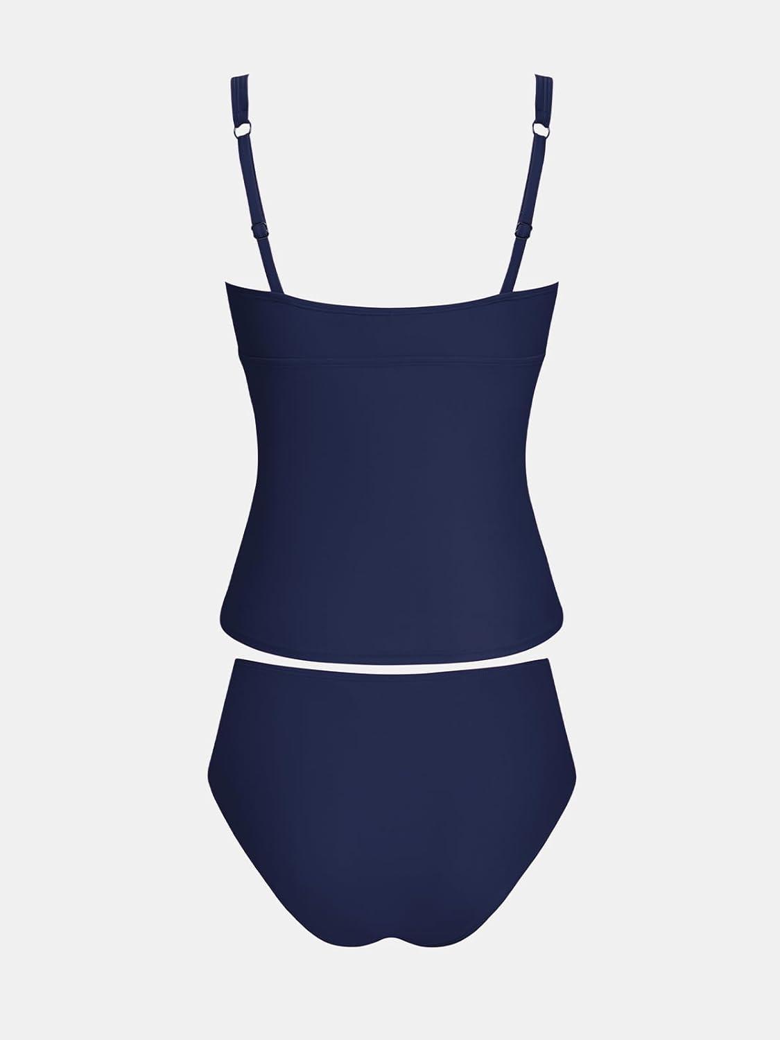 imageCUPSHE Womens Tankini Sets Square Neck Lace Trim Two Piece Swimsuit Adjustable Wide Straps Swimwear RuchingNavy Blue