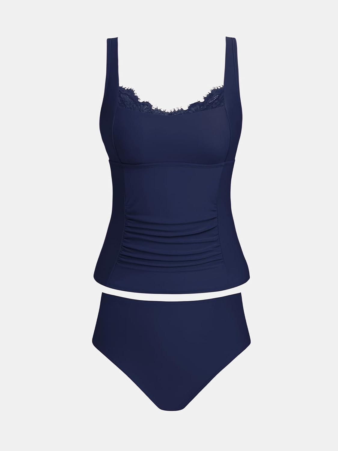 imageCUPSHE Womens Tankini Sets Square Neck Lace Trim Two Piece Swimsuit Adjustable Wide Straps Swimwear RuchingNavy Blue