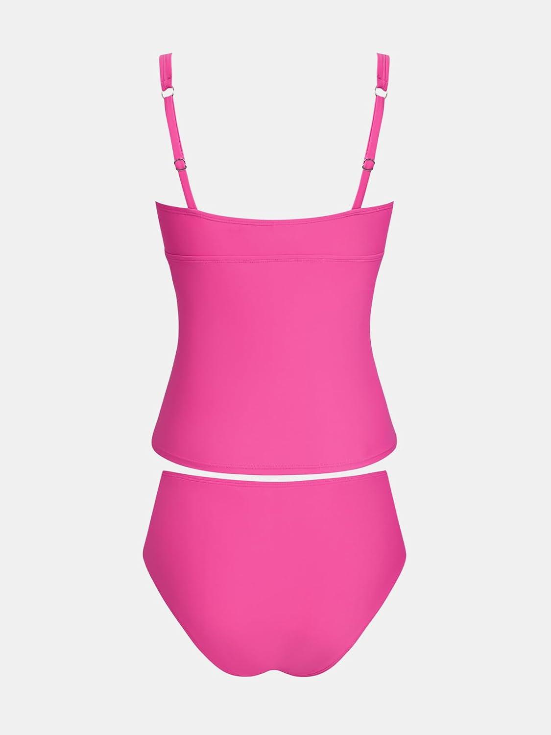 imageCUPSHE Womens Tankini Sets Square Neck Lace Trim Two Piece Swimsuit Adjustable Wide Straps Swimwear RuchingPink