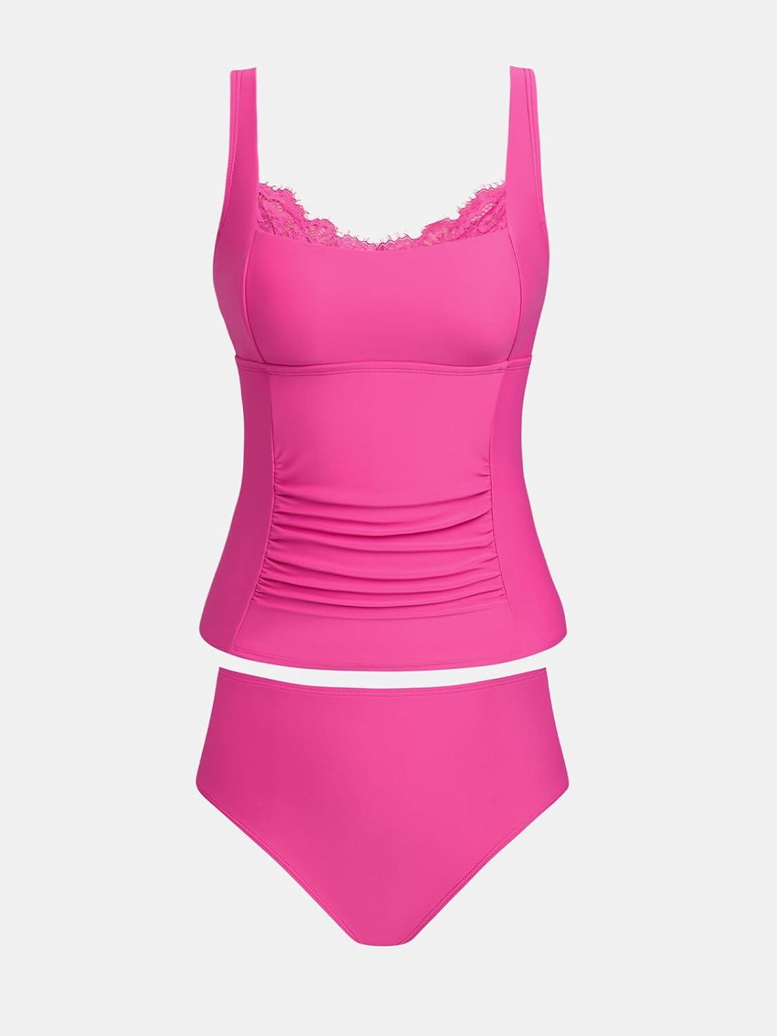 imageCUPSHE Womens Tankini Sets Square Neck Lace Trim Two Piece Swimsuit Adjustable Wide Straps Swimwear RuchingPink