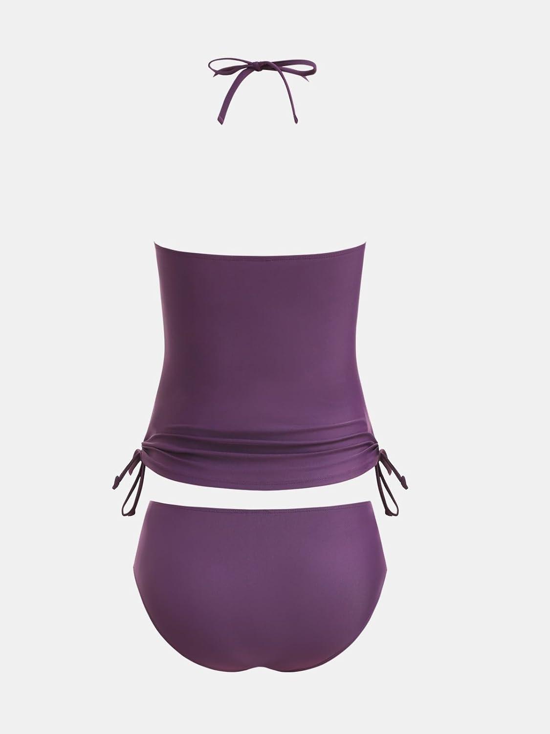 imageCUPSHE Womens Tankini Sets Two Piece Swimsuit High Neck Halter Mid Rise Adjustable DrawstringsDeep Plum
