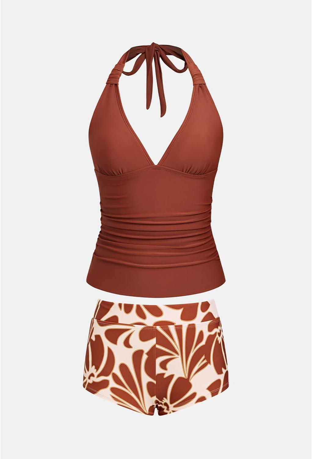 imageCUPSHE Womens Tankini Sets Two Piece Swimsuit High Waisted Halter V Neck Bathing Suit Adjustable Straps ShortsMaroon Red Floral