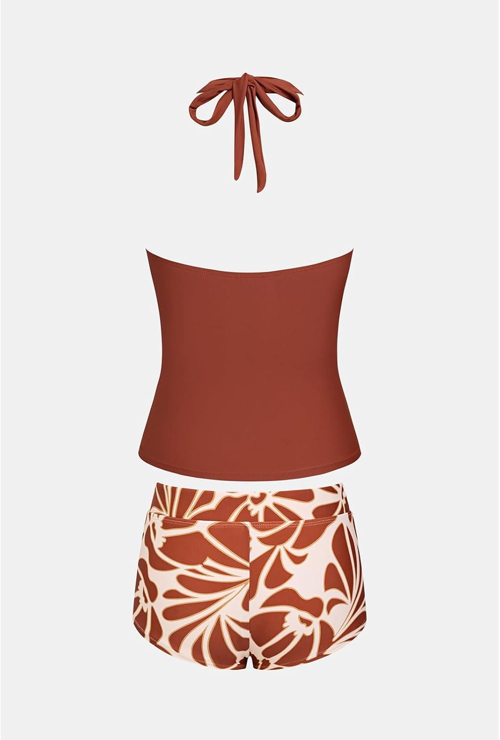 imageCUPSHE Womens Tankini Sets Two Piece Swimsuit High Waisted Halter V Neck Bathing Suit Adjustable Straps ShortsMaroon Red Floral